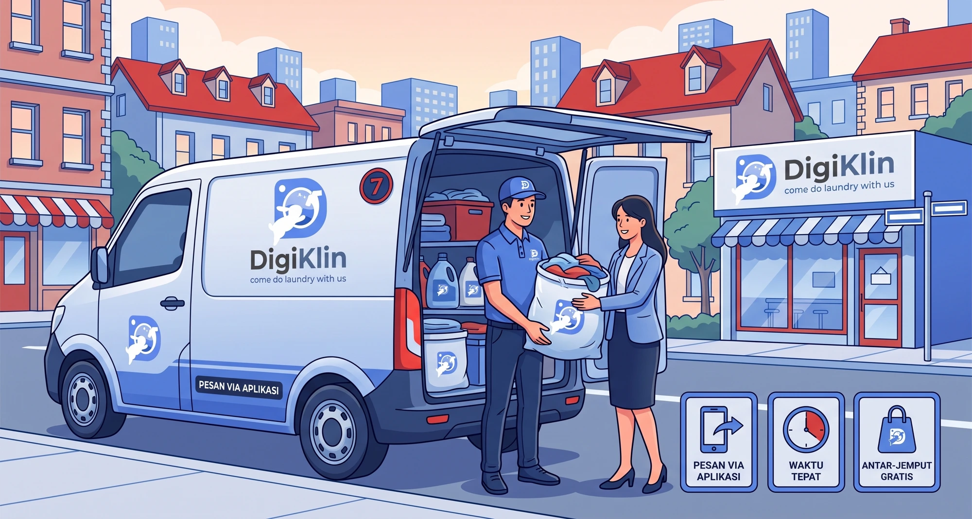 Ilustrasi kurir DigiKlin mengantar jemput cucian dengan van DigiKlin
